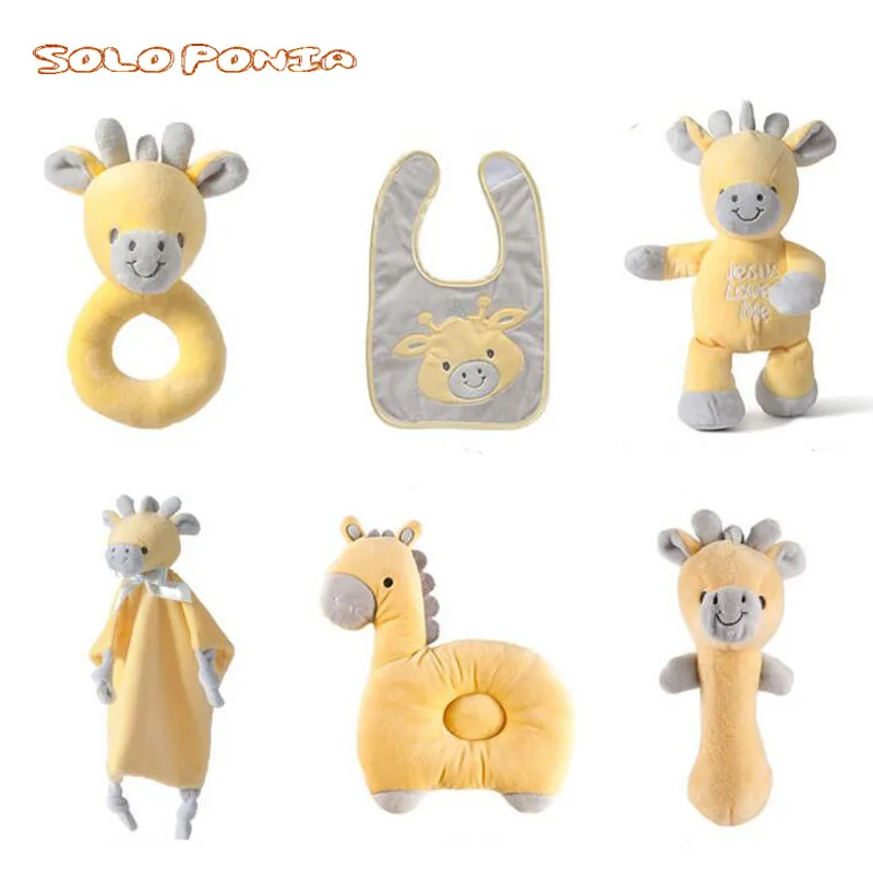 Chaud! 6 pièces ensemble de soins pour bébé girafe éléphant lapin hochet bavoir poupée confort serviette et oreiller jouets ensembles pour nouveau-nés peluches BB178