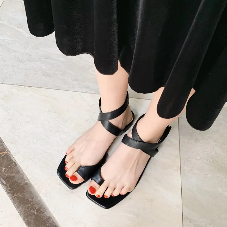 PXELENA Toe Ring Flip Flops Beach Sandals Women Genuine Leather Cross ...