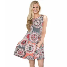 Women Boho Style Flower Print Sleeveless Dress Large size Women's Dresses Print Color Summer A-Line Beach Sundress Casual Dress stylish cami flower print a line women s dress