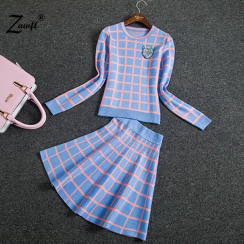 

2019 New Knit Long-sleeve Sweater Skirt Suits Women Sweet Beads Collar Knit Crochet grid Crop Top A-line Skirt Women's 2pcs Set