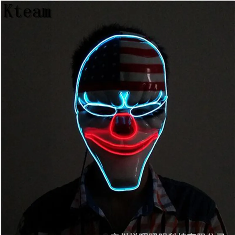 

Glowing Halloween Horror Mask Payday 2 Mask Newest Topic Game Series Plastic Old Head Clown Flag Red Head Mask Masquerade Led