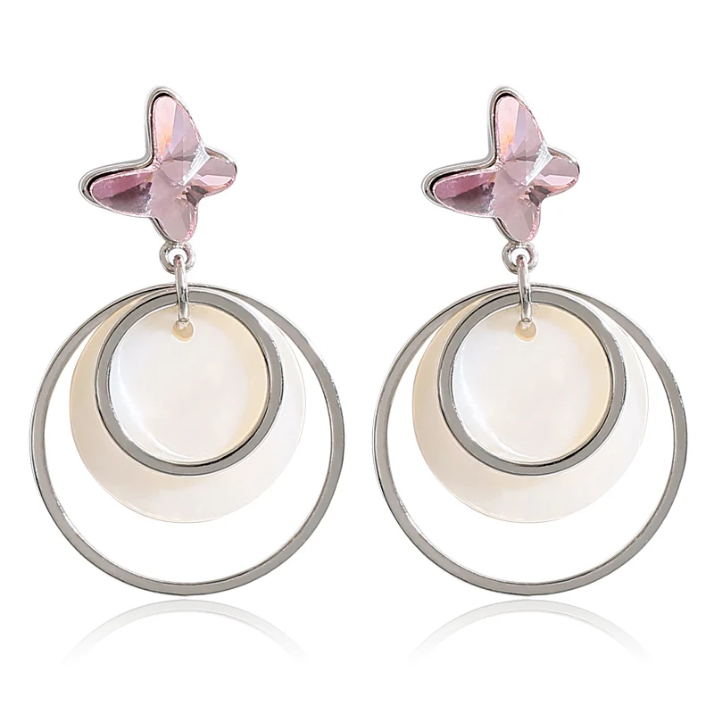 

New Fashion Austrian crystal butterfly Earrings Shell Round Circle Dangle Drop Earring For Women Girl Wedding Bride Jewelry