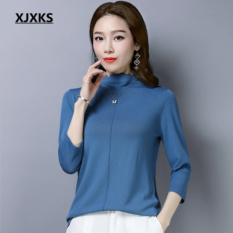 

XJXKS 2019 Spring Knit Young Women T-shirt Half-high Collar Wild Tee Shirt Seven-point Sleeve Bottoming Thin Shirt