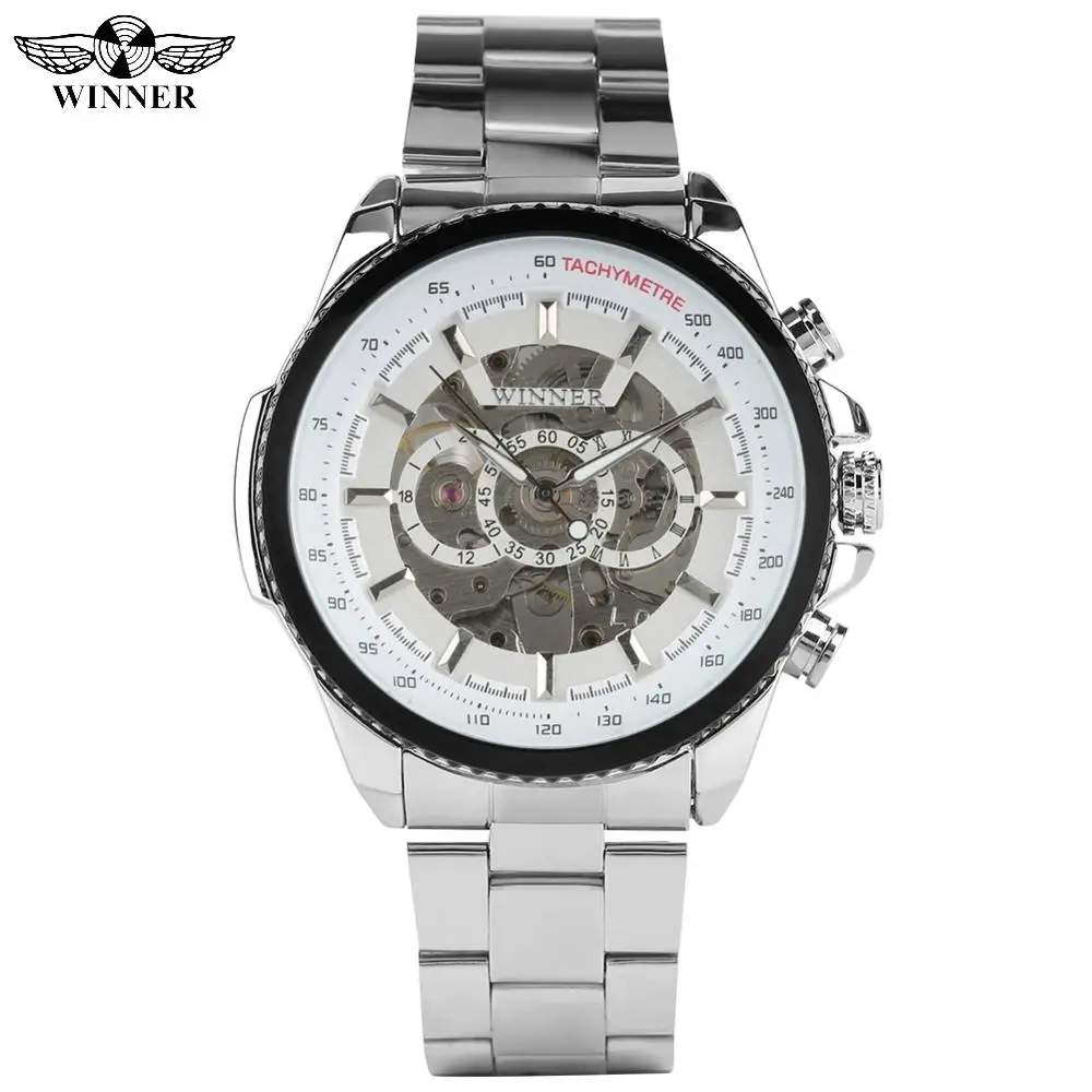 

Silver Stainless Steel Band Skeleton Mechanical Watch for Men Fashion Automatic-self-winding Watches for Male Hollow Dial Watch