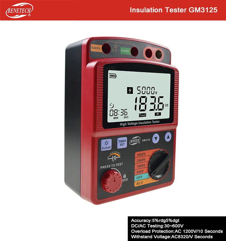 

GM3125 1000V 2500V 5000V Voltage Insulation Tester digital Insulation resistance tester Ohm Meter high tension megger Insulation
