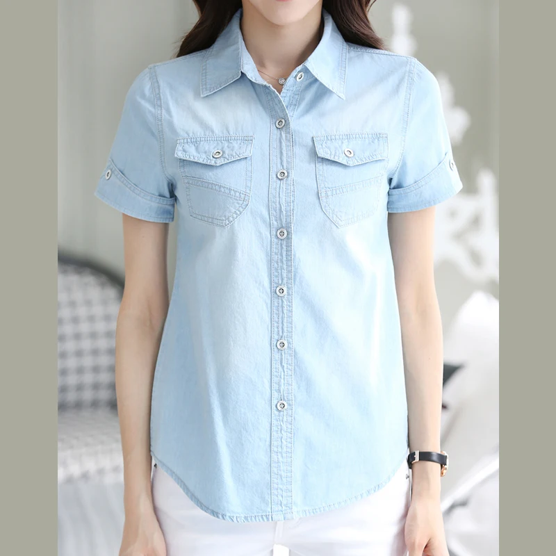 Женская повседневная одежда летние модные свободные женские джинсовые блузки рубашки с коротким рукавом женские топы винтажные джинсы Блузка 150B3