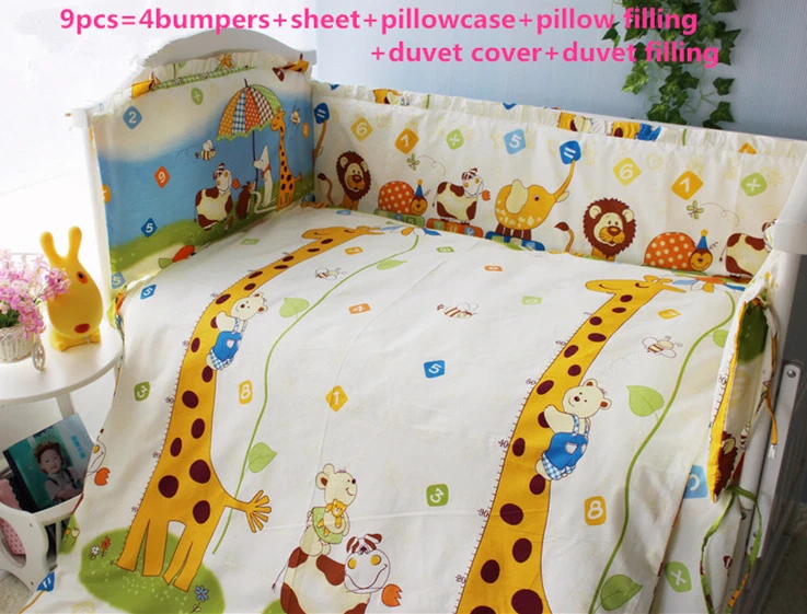 

Promotion! 9pcs Full Set Cot Set Cribs for Girls Baby Set 100% Cotton Reactive Printing,4bumper/sheet/pillow/duvet