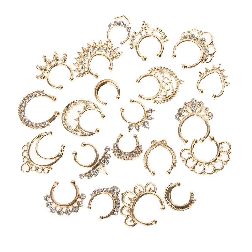 21 Pieces Crystal Fake Septum Clicker Nose Ring Non-piercing Assorted Shape Illusion Piercing Nose Ring Loop