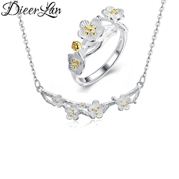 

Bohemia Bridal Jewelry Sets 925 Sterling Silver Long Plum Flower Necklaces Statement Engagement Finger Rings for Women Anillos
