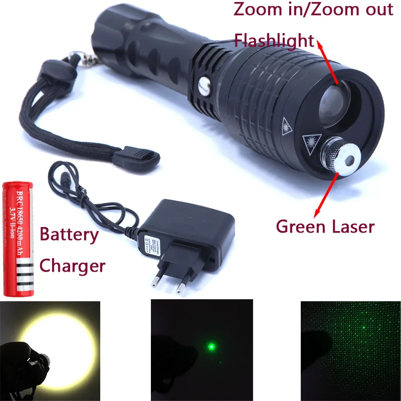 

2 in 1 Flashlight and green laser zoomble high power led flashlight Lantern laser Pointer with Charger and 18650 battery