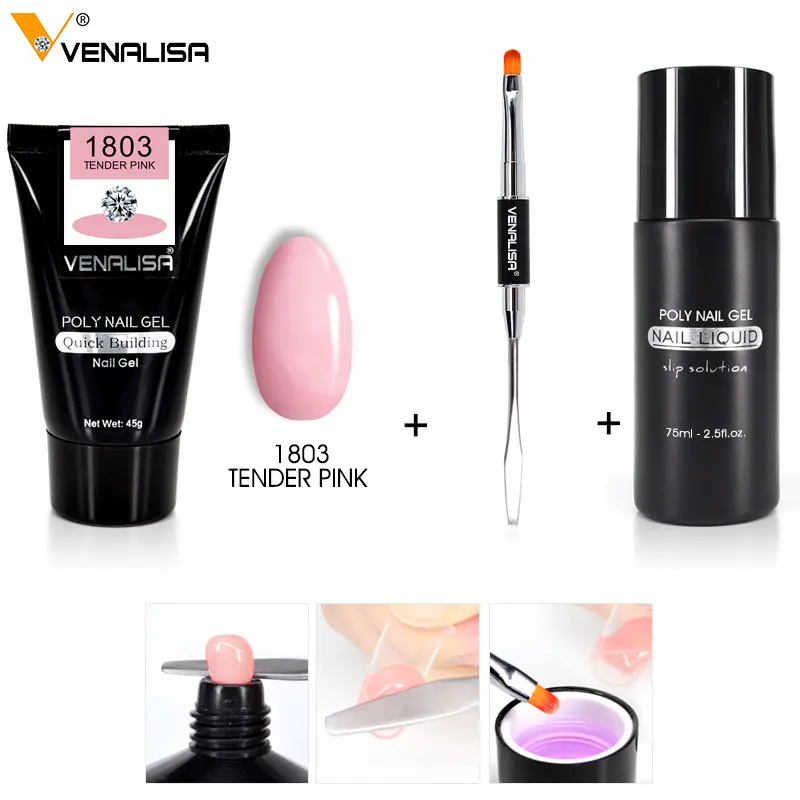 

Venalisa 45g Extend Builder Gel Kit Double-head Brush Nail Tool Cryst Tips Thick Jelly Gel Slip Solution Liquid Poly Gel Set