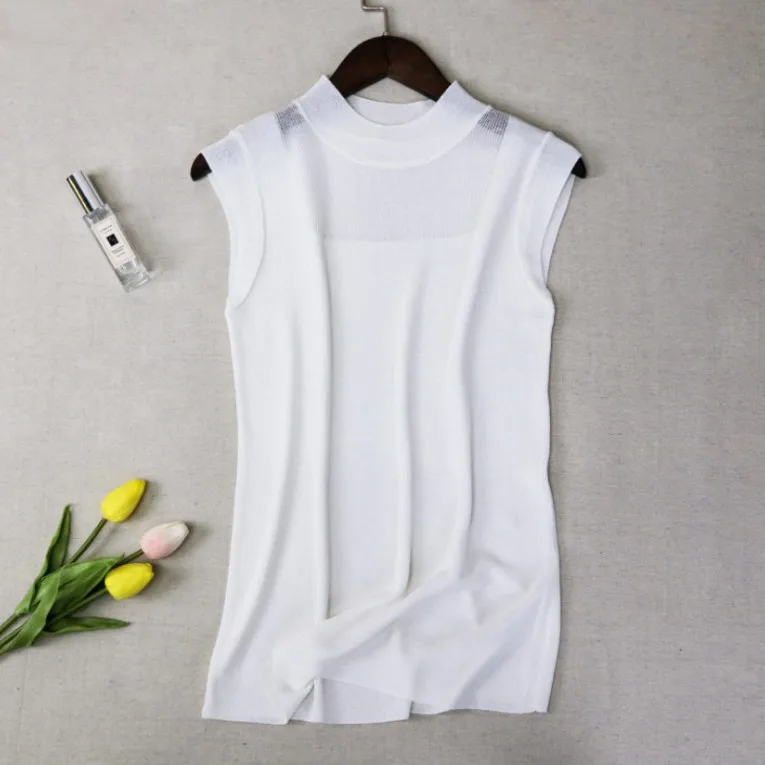 Womens Sleeveless Solid Knitted Mesh Blouses 2019 Summer Ladies Elegant Fashion Stand Collar Mesh Feminine Woman Korean Tops