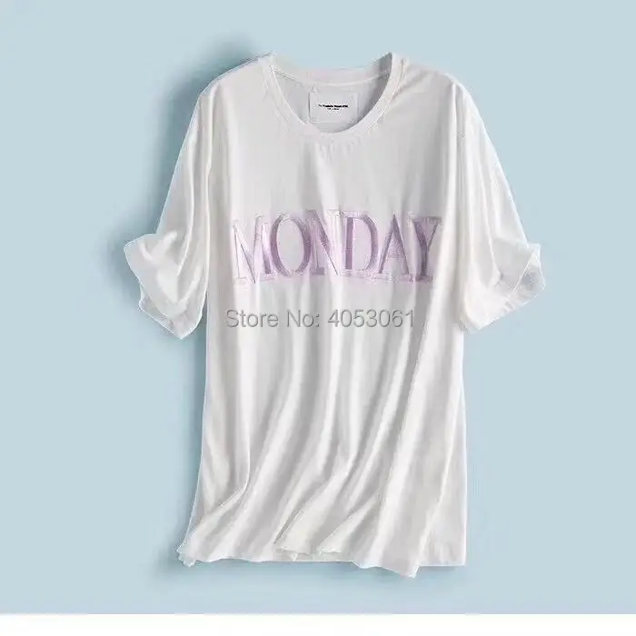 Хлопковая футболка с вышивкой в виде букв-, футболки с надписью «Monday/tuday/weday/thesday/Friday/Saturday/Sunday»