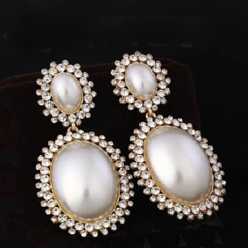 font b Luxury b font Rhinestones Pave Hanging Vintage Bridal Big Long Drop Pearl Earrings