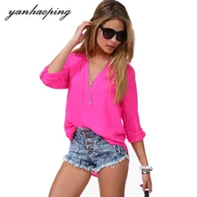 v-образный вырез с длинным рукавом женские шифоновые рубашки Лето Осень Новые Модные свободные сексуальные футболки женские длинные блузки WSA27