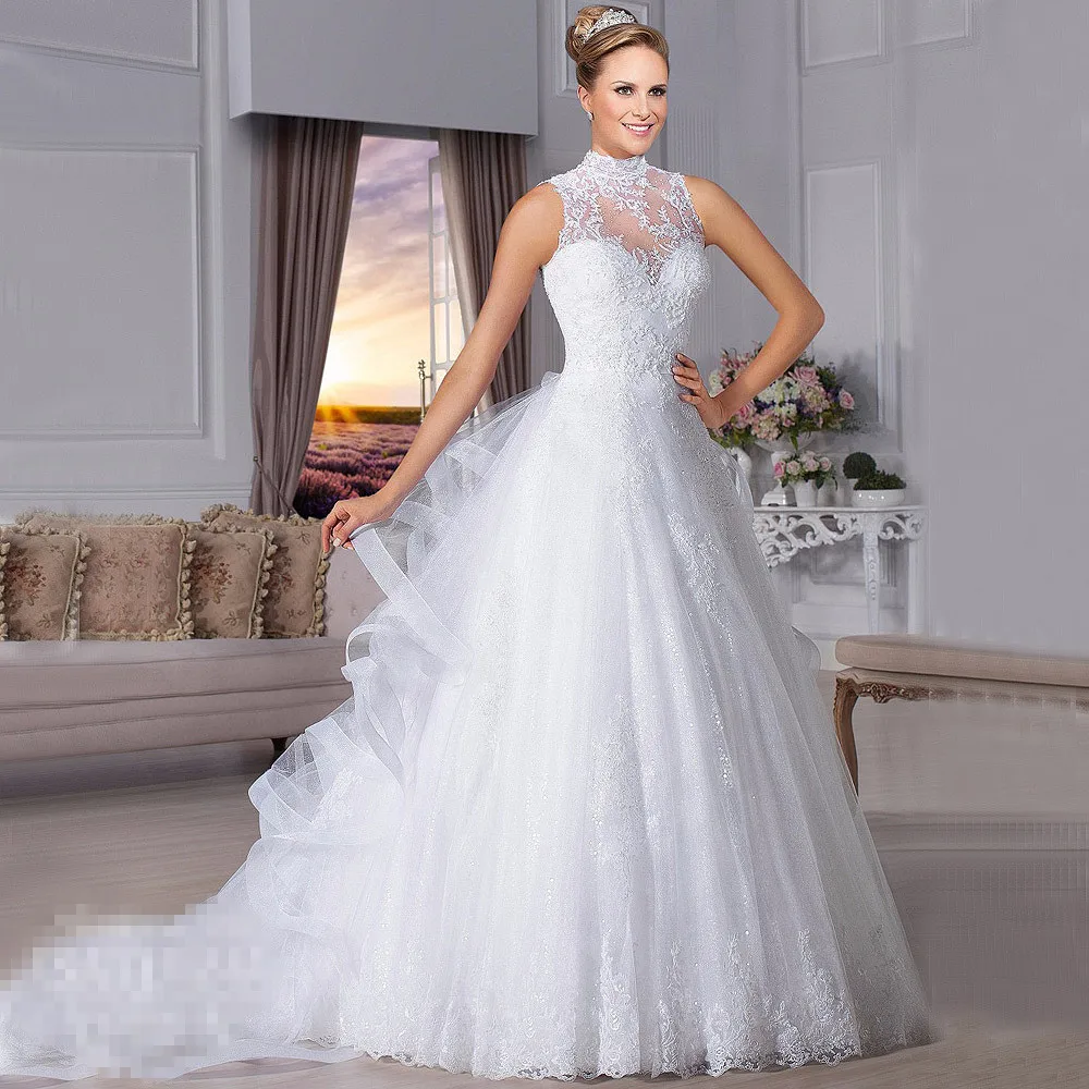 Ball Gown vestido de noiva High Neck Sleeveless Covered Buttons