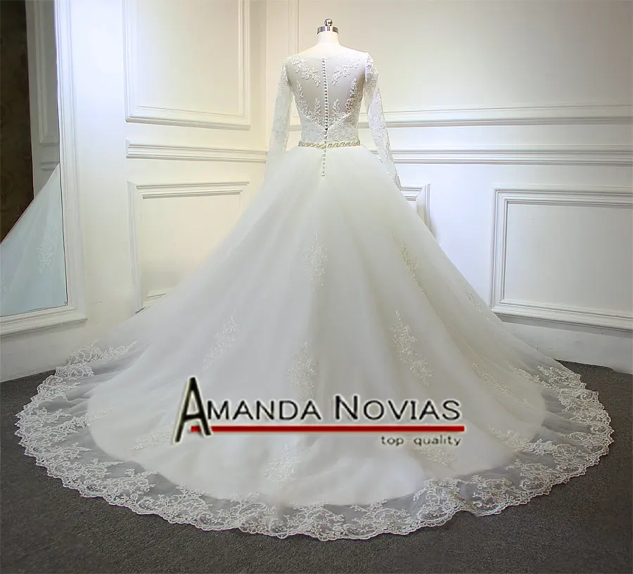 Красивая новая модель кружева длинный рукав аппликация свадебное платье 2019 с кристаллами ремень