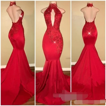 

Sexy Long Red Mermaid Prom Dresses 2019 Deep V Neck Lace Applique Lace Halter Neck Backless Formal Dresses Evening Wear Gowns