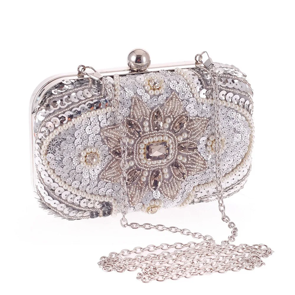 

New 2018 Glitter women beaded clutch luxury female silver evening bags chains wedding party purse lady clutches Banquet package