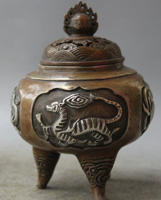 

6" Chinese Dynasty Bronze Silver 3 Foot Four Sacred Beast Incense Burner Censer R0710