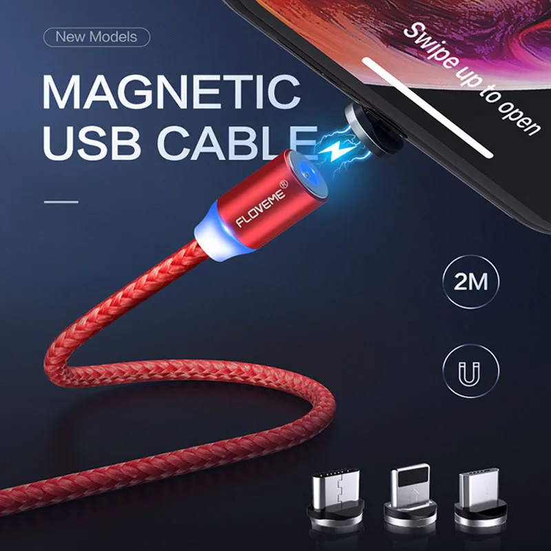 FLOVEM 2 м 2 а Короткие Usb кабели для зарядки Micro usb type C USB-C кабель магнитное зарядное устройство Круглый штекер дизайн светодиодный магнитный кабель для зарядки