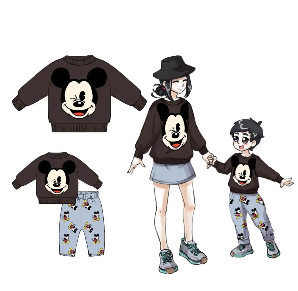 

New Autumn 2019 Mommy And Me Sweater cartoon character pattern red gray colour mother daughter son cotton sweaters