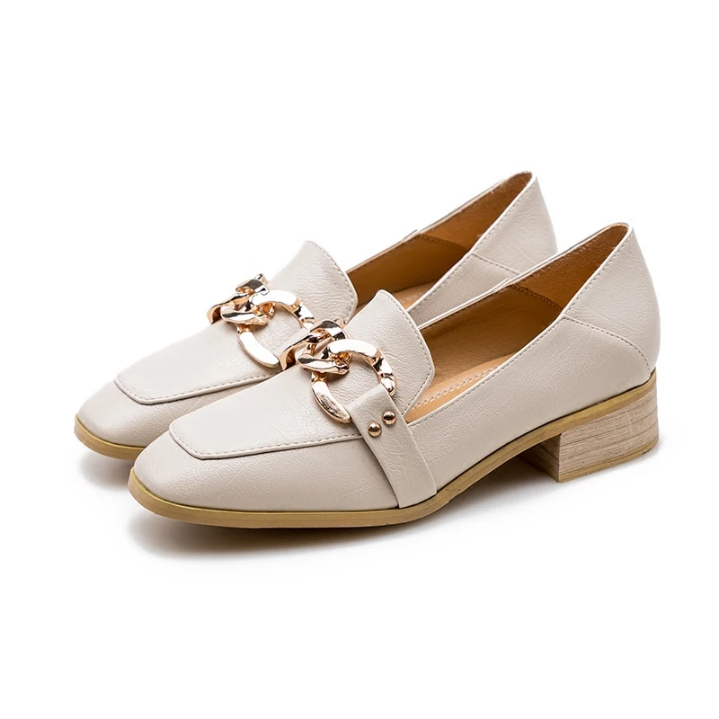 

Chains Square toe loafers Ladies more colors mocassins rivet thick heels shoes women OL concise flats joker retro leather shoes