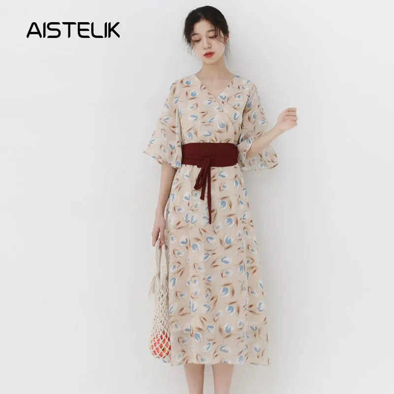

Summer new women's Korean version of the fresh retro V-neck waist floral dress children's temperament comfortable fashion