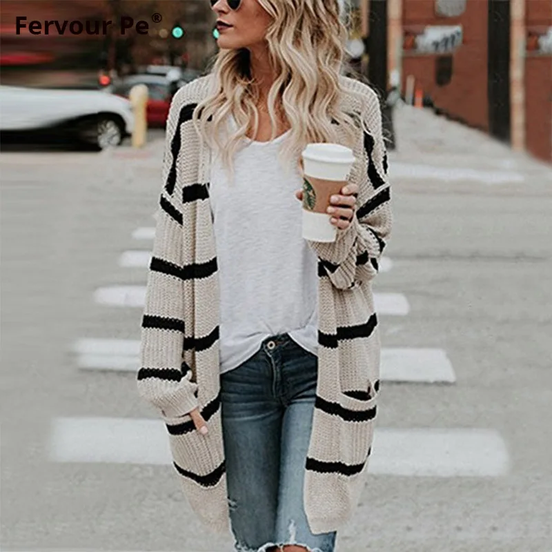 

2019 Autumn winter New European American women long sweater double pocket striped cardigan Knitted Shirt MY19019