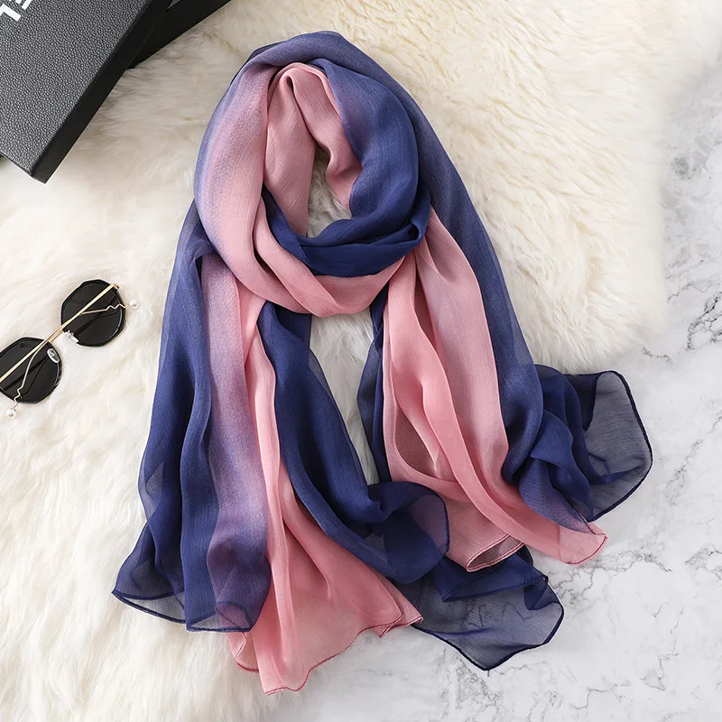 

LARRIVED New 100% Pure Silk Scarves luxury silk scarf two tone gradient satin scarf Spring Autumn Female Large Size Long Scarves
