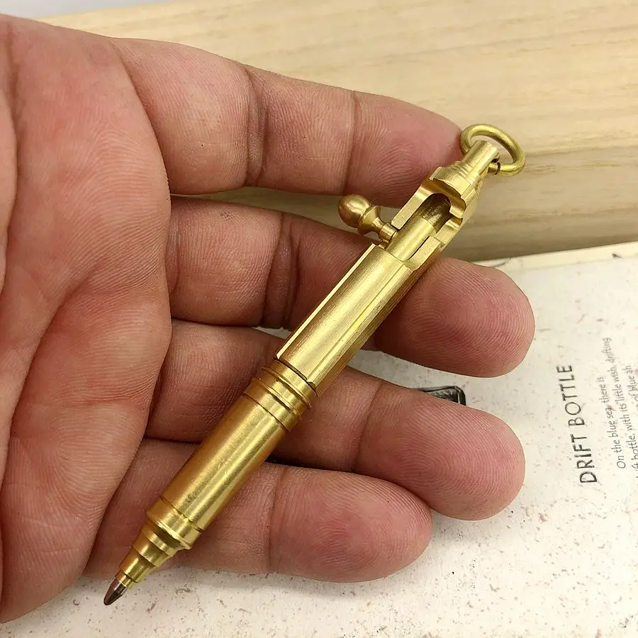 

Outdoor Travel Kit Tools Mini EDC Brass Keychin Pen Brass Creative Retro Bolt Type Ballpoint Pen