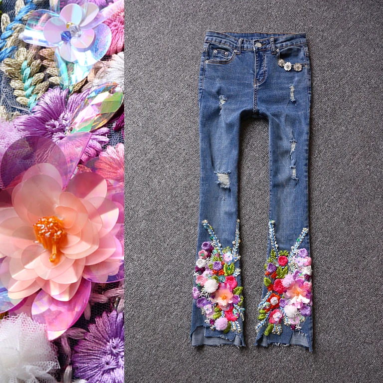 Spring and Summer Fashion Sequins Embroidered Flare Pants Female Casual Slim Stretch Skinny Denim Jeans