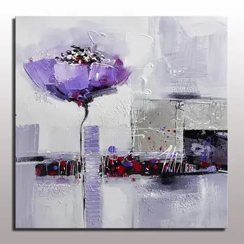 

Beautiful abstract painting of purple flower on linen canvas with textured acrylic paint for home decoration