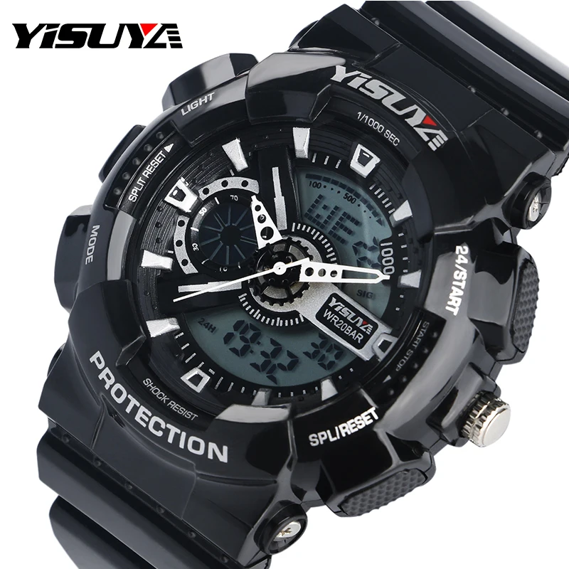

YISUYA Fashion Men's Sport Watch LED Luminous Quartz Black Rubber 3 ATM Water Resistant Chronograph Wristwatch Male LCD Clock