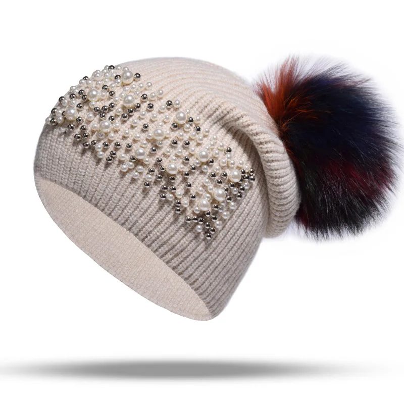 Women Winter Hat Wool Knit Raccoon Pom Pom Cap Warm Ski Outdoor Accessory  (9)