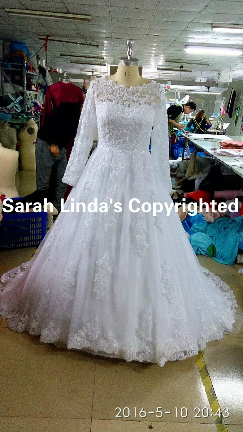 

Winter 2016 real picture wedding dress ball gown lace appliques beads wedding dresses long sleeve modest muslim bridal gowns