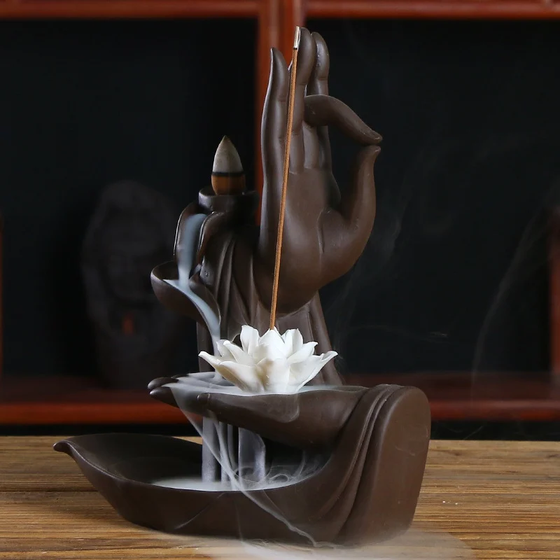 

Buddha Hand Incense Burner Cones Purple Clay Incense Backflow Burner Aromatherapy Diffuser Buddhist Temple Home Office Ornament