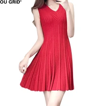 Women Summer Knitted Pleated Dress Red and Back Draped Ruffles Hem V neck Sleeveless New Fashion