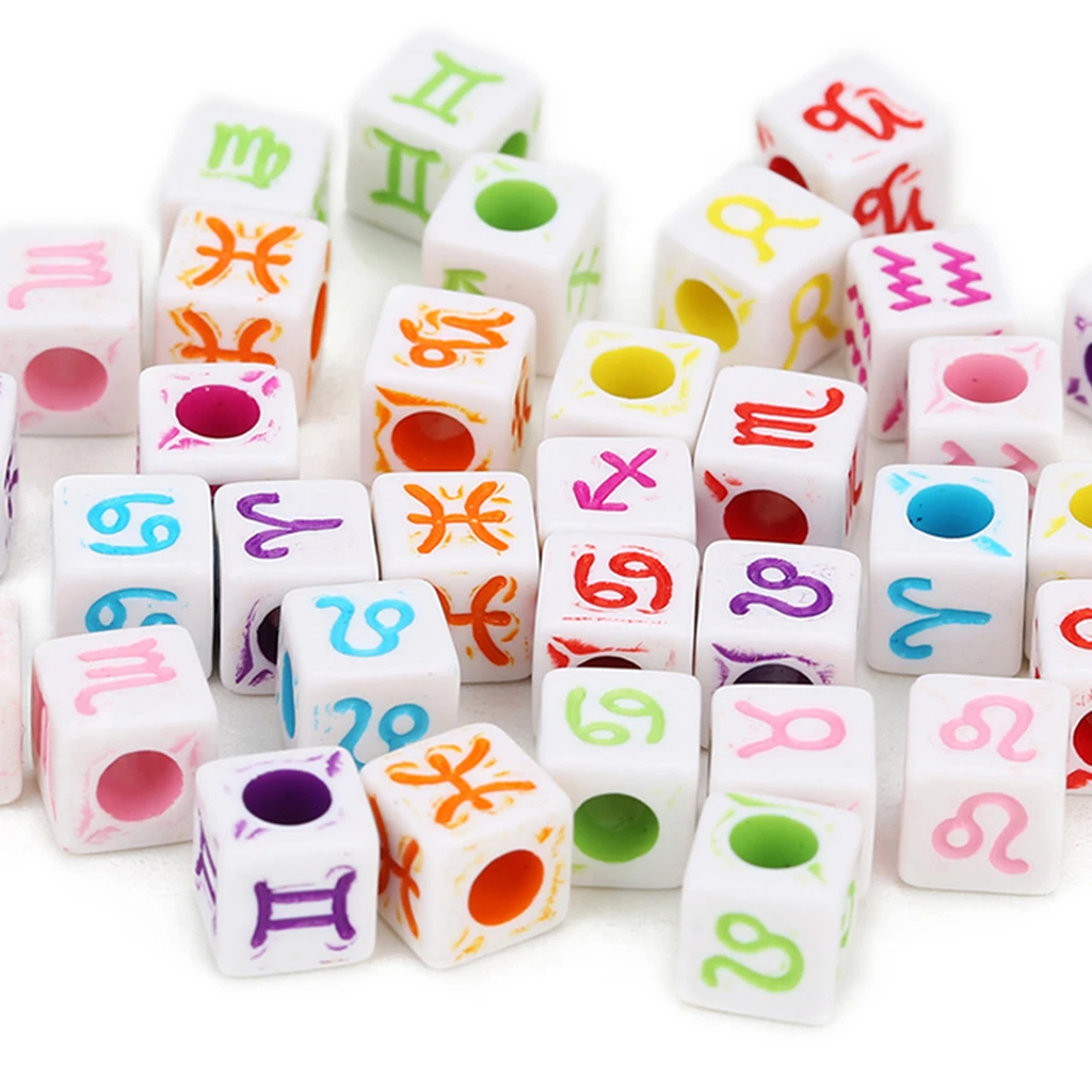 100pcs Acrylic Zodiac Cube Beads Charms Large Hole Beads for jewelry making, Bracelets, Necklaces, Key Chains and DIY Craft