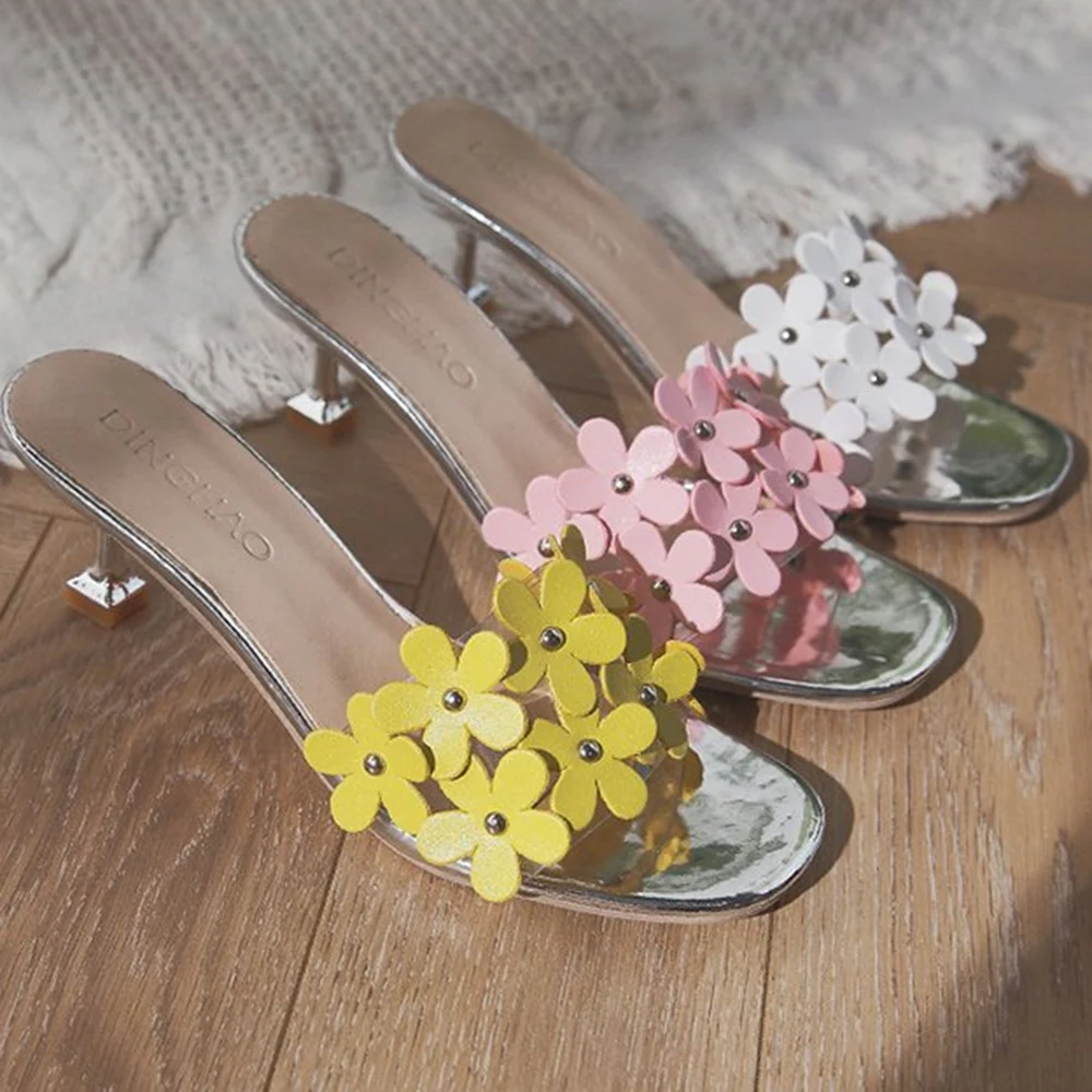 Women Sandals Arch Support Transparent Jelly Shoes Flower Kitten Heel