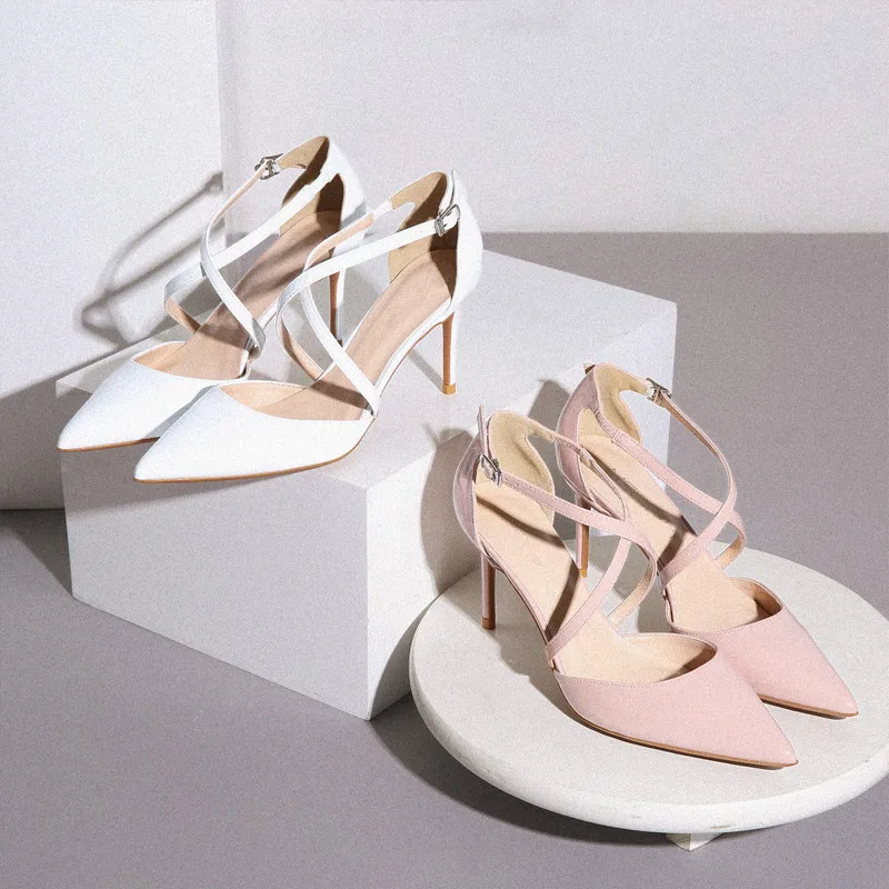 

Ladies Stiletto 6/8/10 CM White Pointed Toe Heels with Strap Fashion Sexy 33-42 Patent Leather Heels Women Summer Pumps Sandals