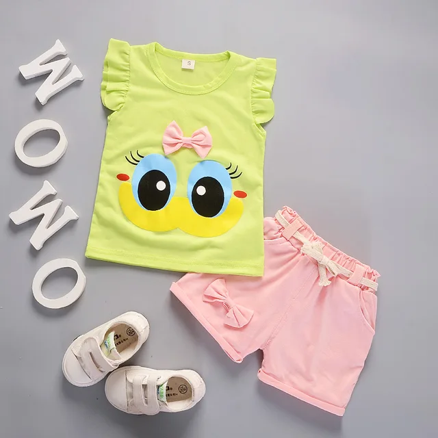 Summer Cute Cartoon 2PCS Kids Baby Girls Floral T-shirt Top Shorts Pants Set Clothes Girls Clothing Sets TZ3303-green