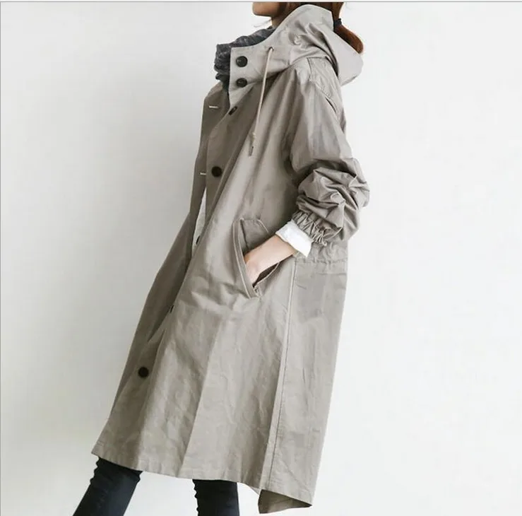 Printemps Longues Moyen Nouvelle Manteau Veste À Coréenne long Manches vent Lâche Noir Femelle Automne 2018 Capuchon Mince Style Mode gris Coupe kuwiOXZPT