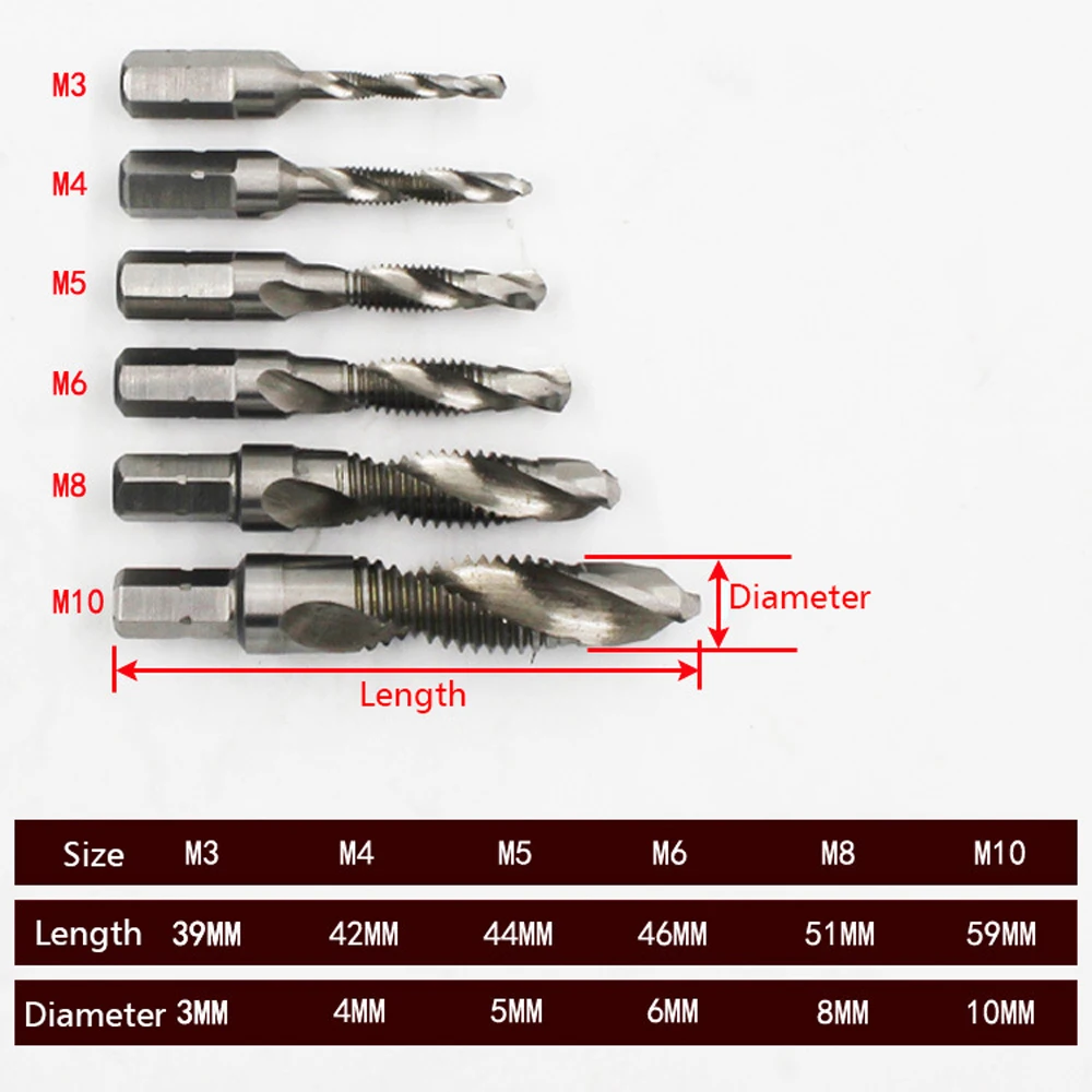 6 шт. M3-M10 1/" шестигранный хвостовик композитный кран сверла резьбовой кран конический набор сверл спиральное соединение сверло