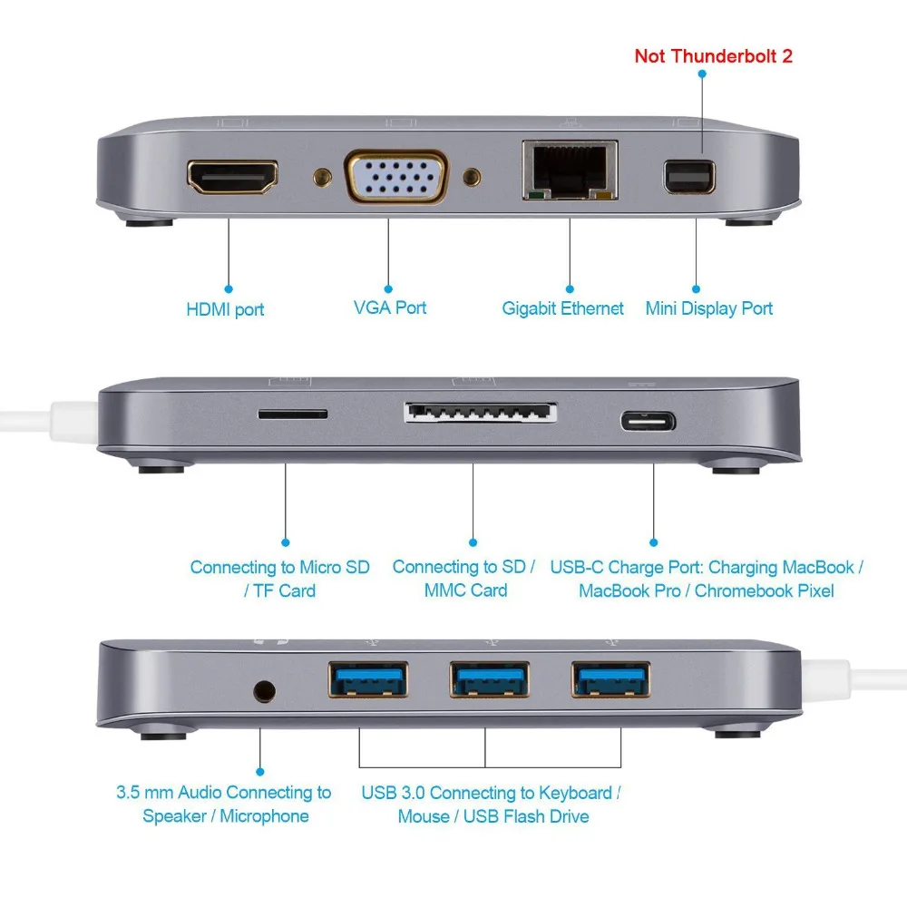 Многопортовый концентратор USB C, кабель 10 в 1, многопортовый концентратор usb type C, Совместимость с Thunderbolt 3, серый/розовое золото