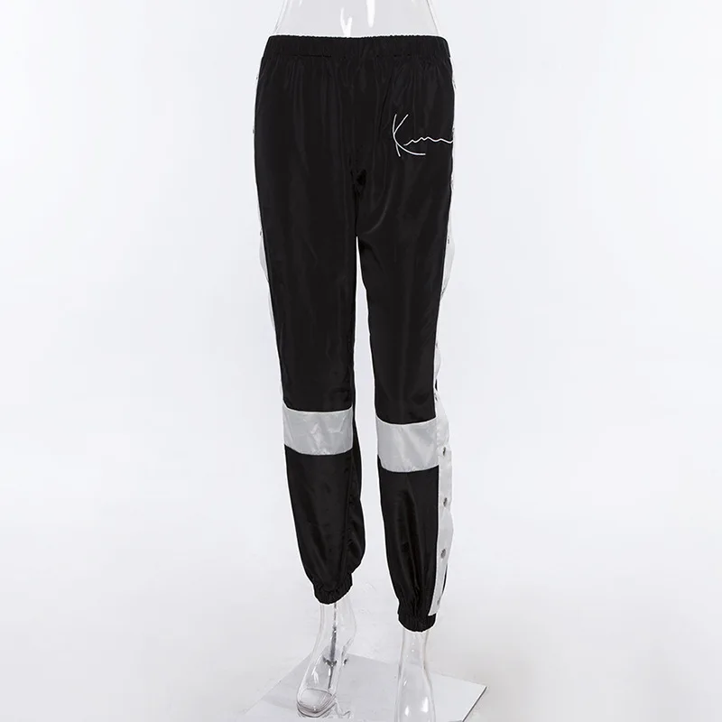 Хаучжоу джоггеры женские брюки модные Лоскутные Спортивные штаны шаровары Повседневные боковые разрезные пуговицы панельные брюки с высокой талией уличная одежда - Цвет: Черный