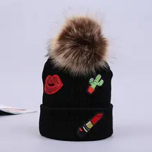 Для женщин леди зима теплая с цветочным принтом вязаные крючком Искусственный мех мяч Шапка-бини Кепки