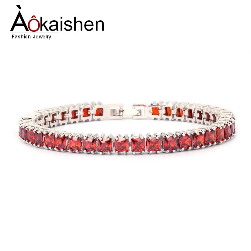 6mm Iced Cubic Zirconia Tennis Chain Bracelet Silver Men Hip hop Jewelry Copper Box Clasp Square Red Blue Link 7inch