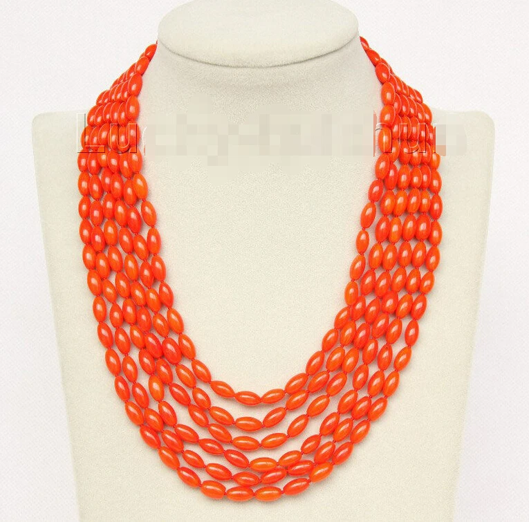 

16"-21" 6row 5X8mm olivary orange coral necklace magnet clasp j9777 ^^^@^Noble style Natural Fine jewe fast SHIPPING