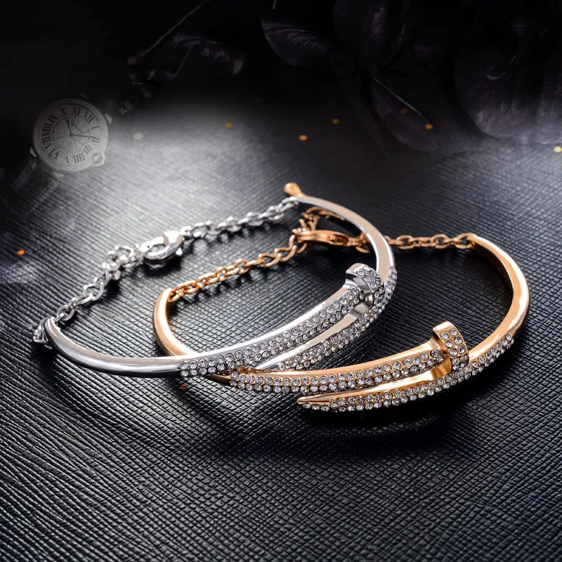 Crystal Nail Bracelets arm chain Bracelets for women Fashion Rhinestones Pave Bangles Nail love